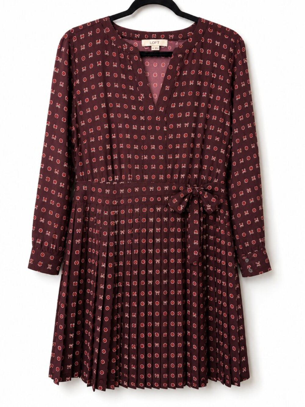 Burgundy Bow Print Pleated Tunic Dress – Size 10